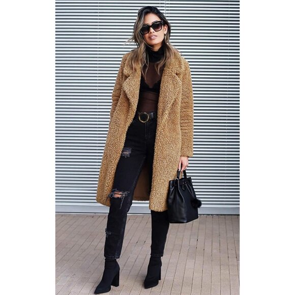 Women's Fuzzy Fleece Lapel Open Front Long Cardigan Coat Faux Fur Warm Winter Ou - Picture 4 of 7